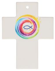 Porzellankreuz 9 x 7 cm - Fischsymbol 