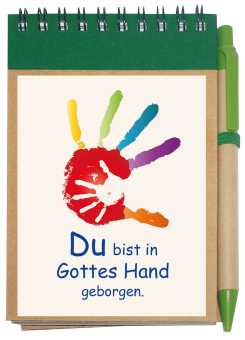 Notizblock A7 mit Kuli - Hand in Hand - Du bist in Gottes Hand geborgen 