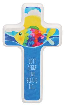 Holzkreuz 11 x 6,5 cm - Regenbogenfisch 