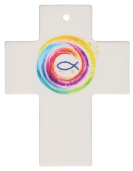 Porzellankreuz 9 x 7 cm - Fischsymbol 