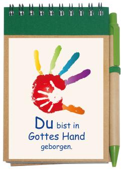 Notizblock A7 mit Kuli - Hand in Hand - Du bist in Gottes Hand geborgen 